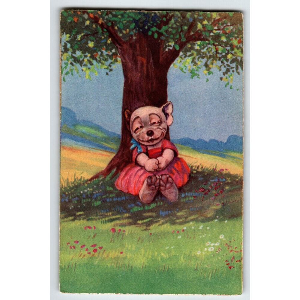 Bonzo Dressed Puppy Dog Under Tree Postcard Fantasy Anthropomorphic 1932 Vintage
